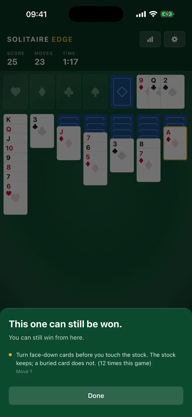 Solitaire Edge on iPhone: the coach saying this one can still be won
